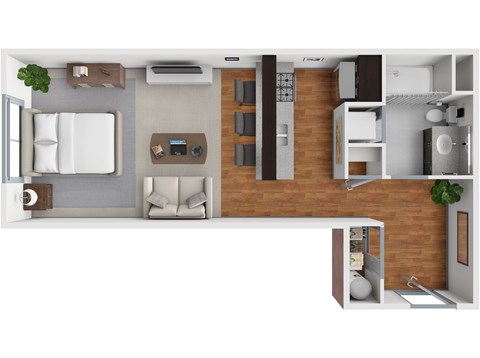 A top-down view of a modern living room with a couch, a coffee table, and a television.
